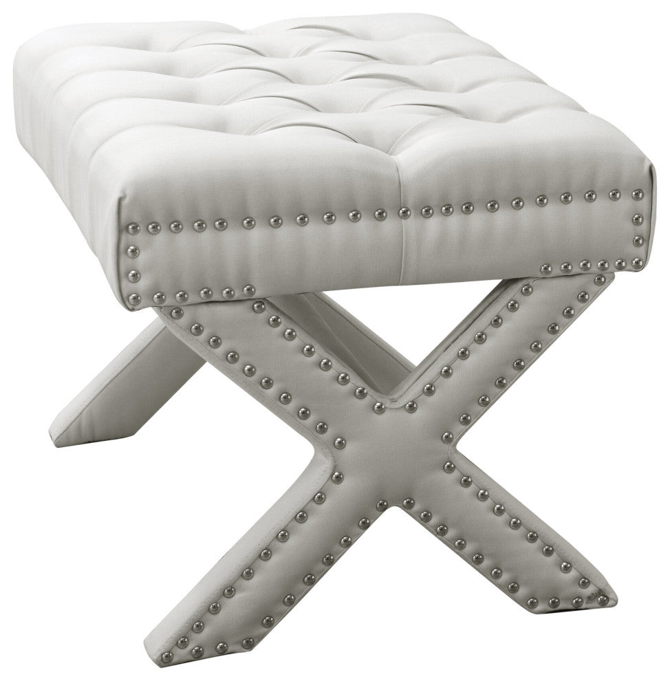 Paola Linen Button Tufted Silver Nailhead Trim X-Leg Ottoman, Cream White