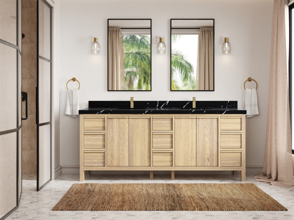 Elizabeth Oak 84" Double Sink Vanity, White 2" Calacatta Black