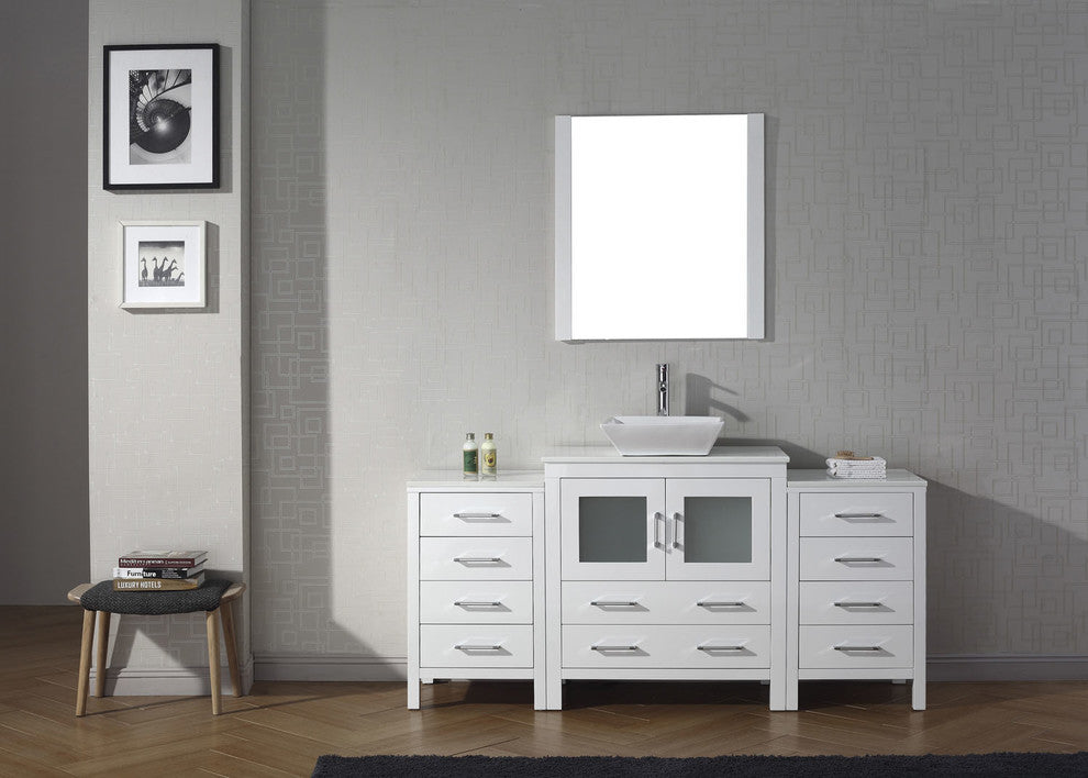 Virtu Dior 68" Single Bathroom Vanity, White With White Top, Faucet and Mirror