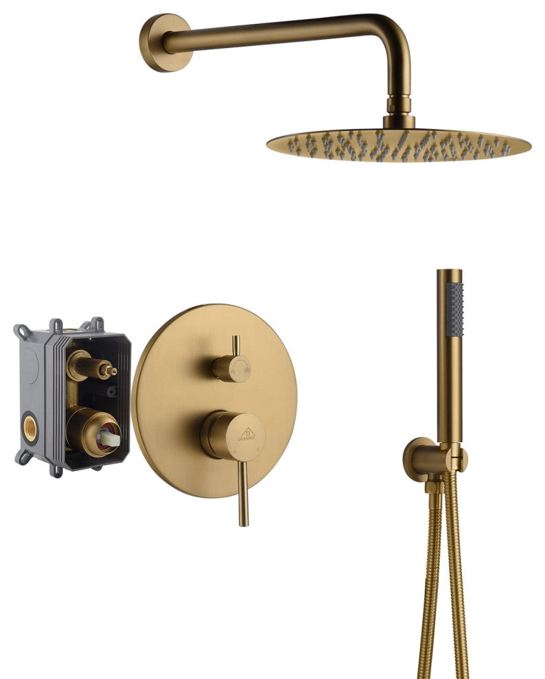 CASAINC 10" Round Wall Mounted Luxury Rain Shower System with Handheld Spray, Brushed Gold