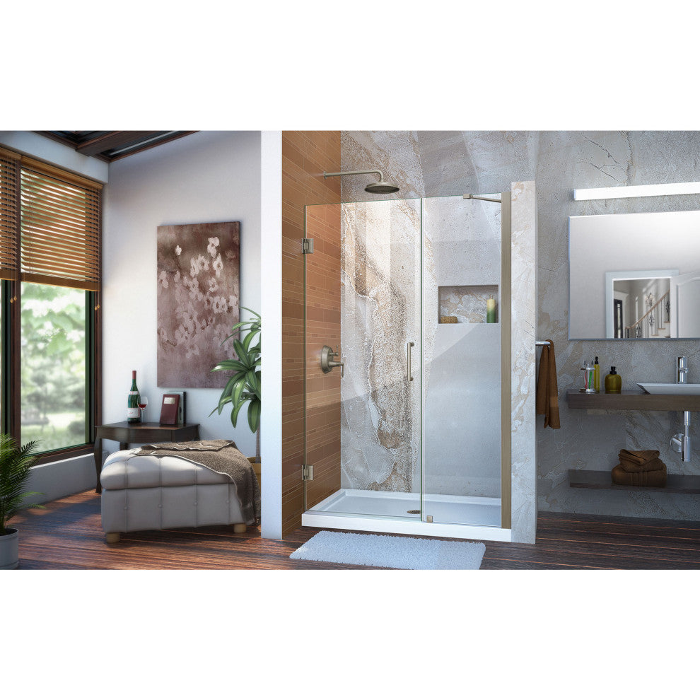 DreamLine Unidoor Frameless Hinged Shower Door, Clear Glass, Brushed Nickel