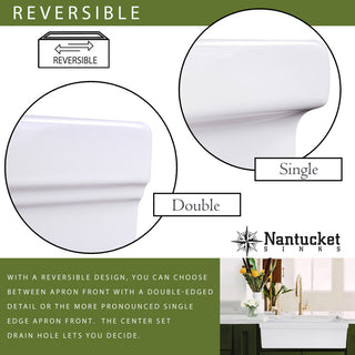 Nantucket Sinks 36" Reversible Decorative Apron Farmhouse Fireclay Sink