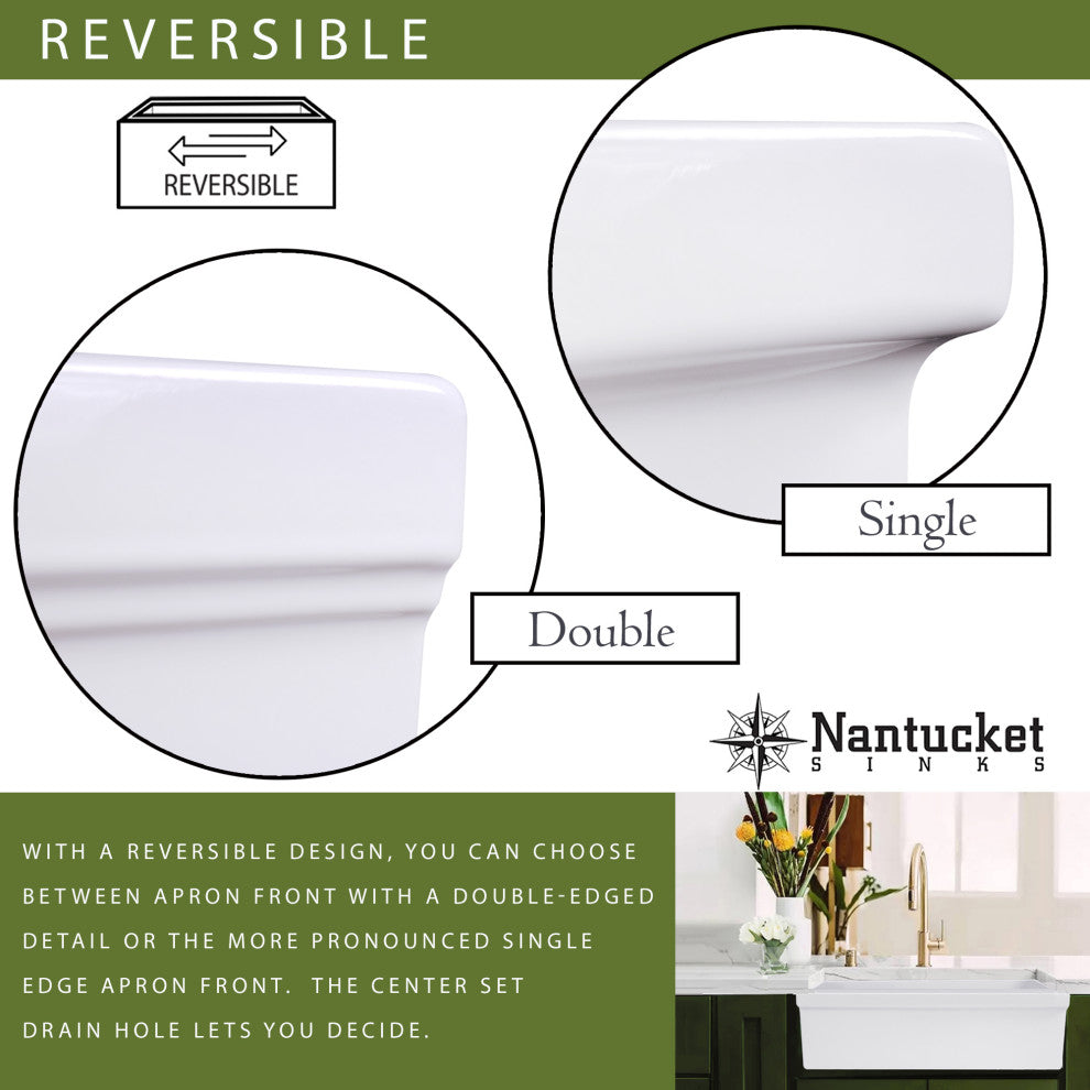 Nantucket Sinks 36" Reversible Decorative Apron Farmhouse Fireclay Sink
