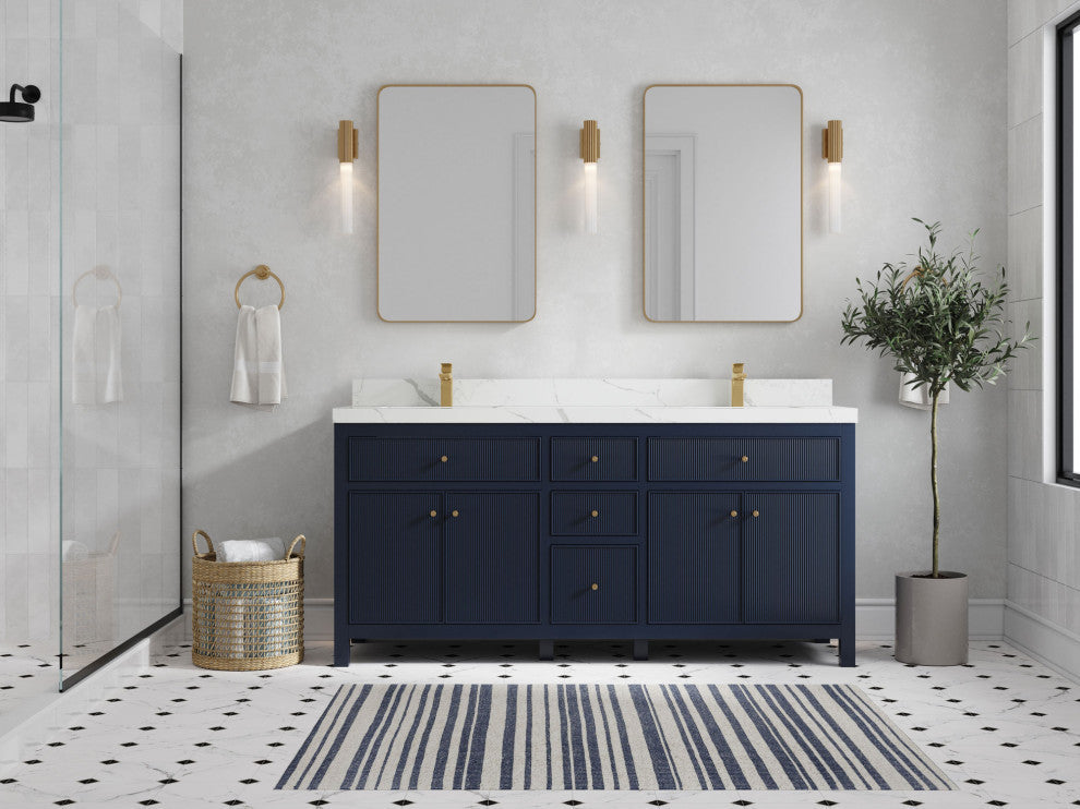 Sonoma 72 Double Sink Reeded Bath Vanity in Hale Navy Blue 2" Calacatta Laza