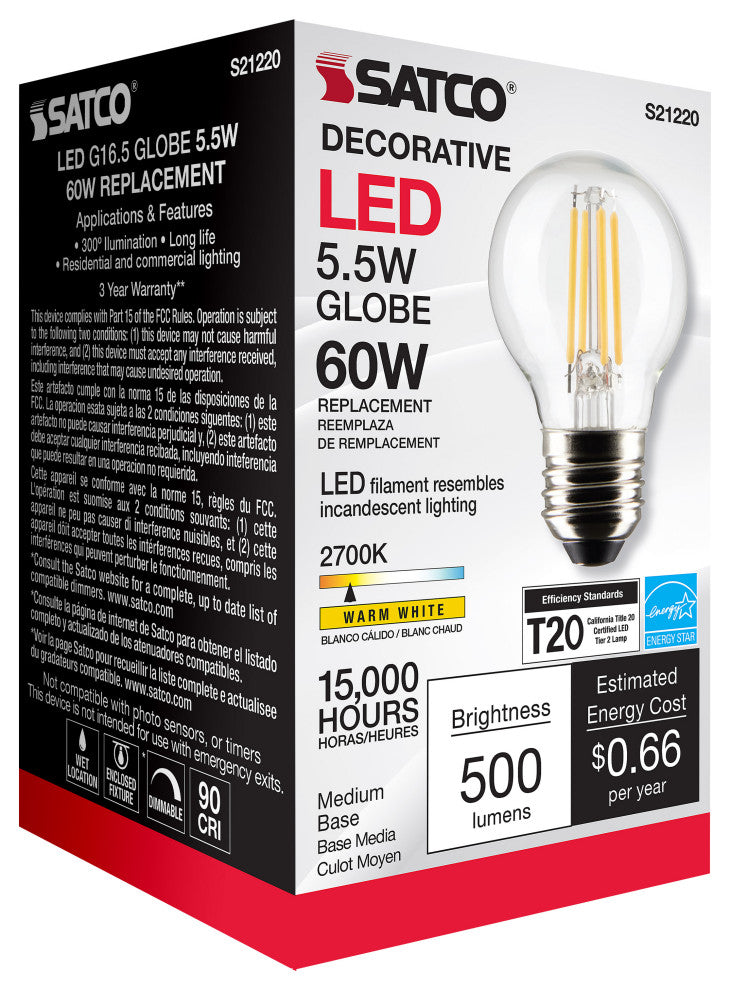 5.5W G16.5 LED, Clear, Medium Base, 90 CRI, 2700K, 120V