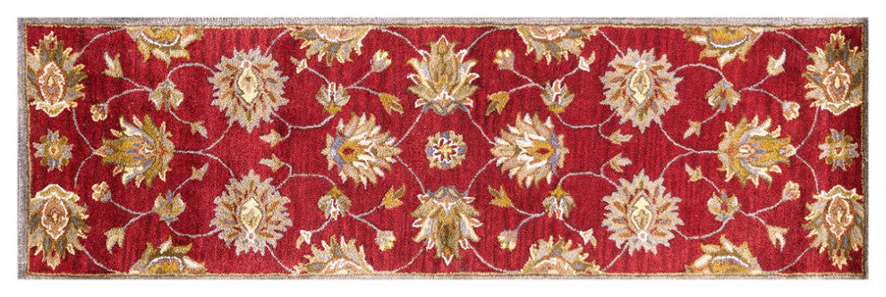 2' X 7' Red Floral Vines Bordered Wool Runner Rug