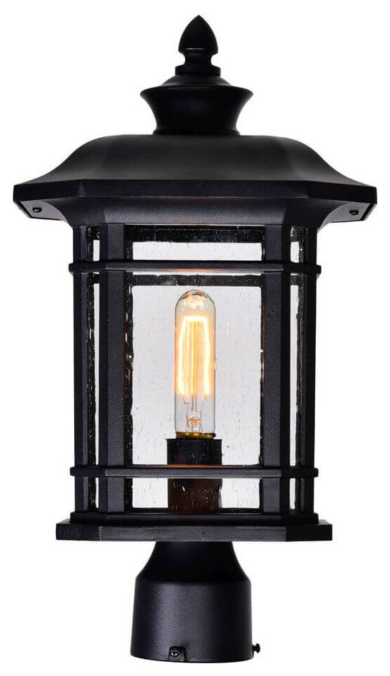 1 Light 18" Tall Outdoor Post Lantern, Black With Water Glass