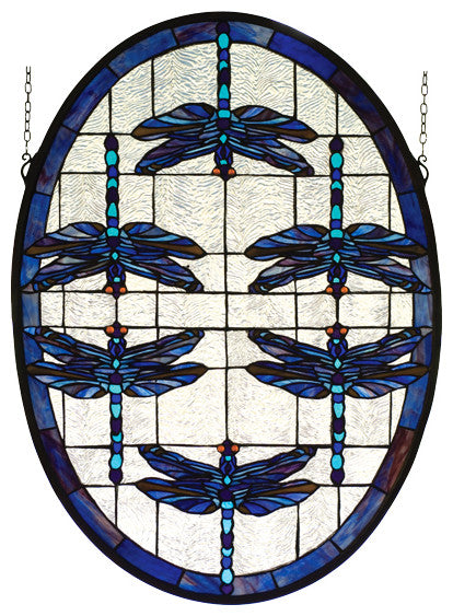 22W X 30H Dragonflies Oval Stained Glass Window