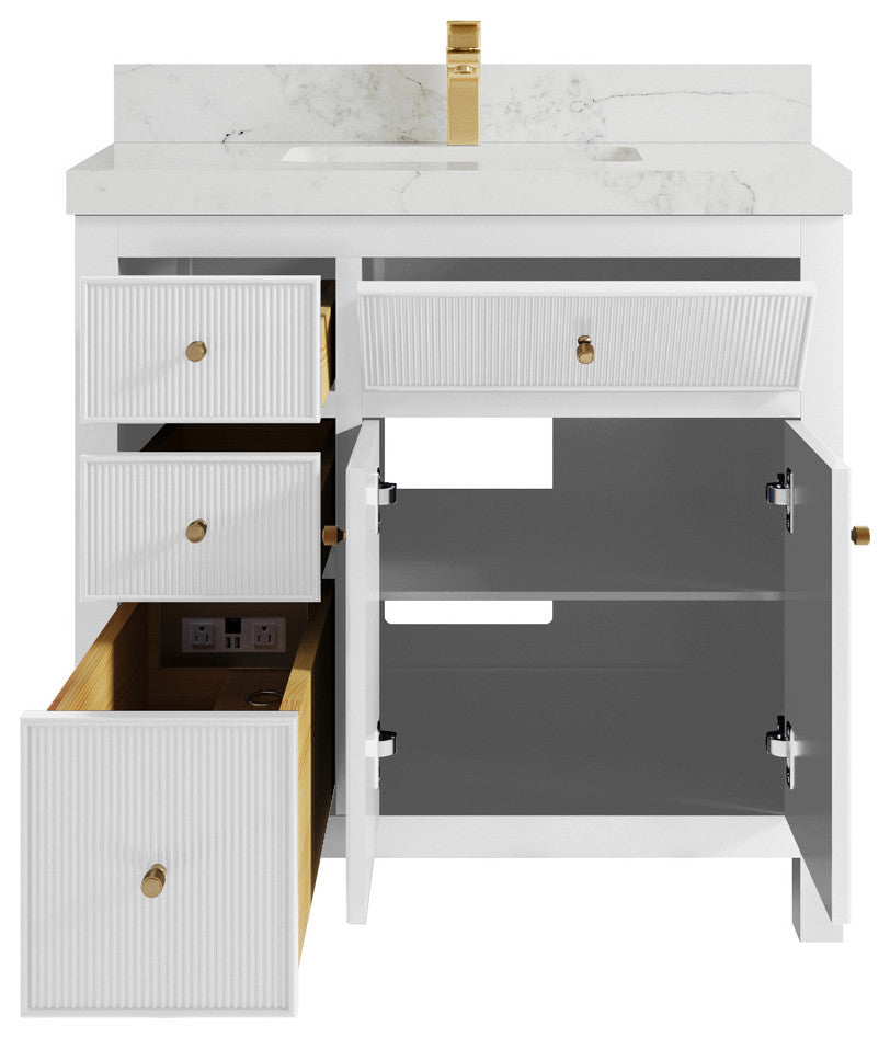 Sonoma 36 Center Sink Reeded Bath Vanity in White 2" Calacatta Nuvo