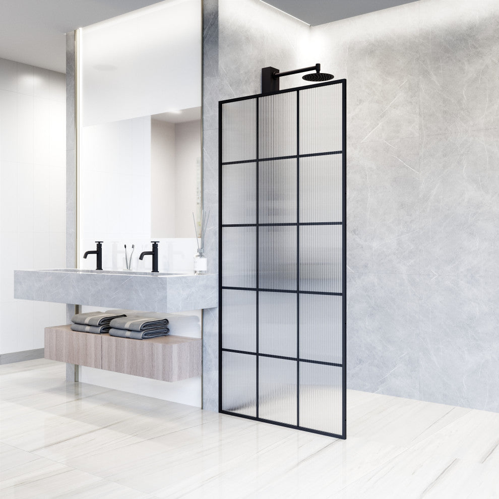 VIGO Mosaic Framed Fixed, Matte Black, Shower Screen, 34" W X 74" H, Fluted Glass