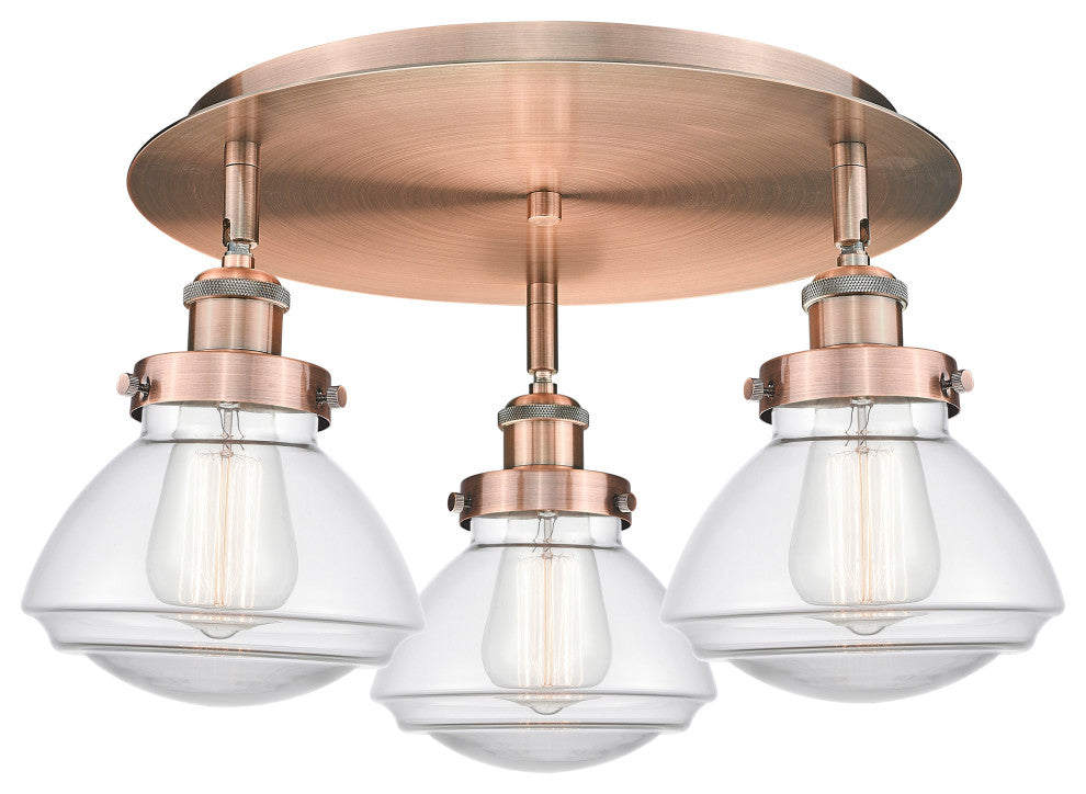 Olean-3 Light 18" Flush Mount-Antique Copper, Clear Glass Shade