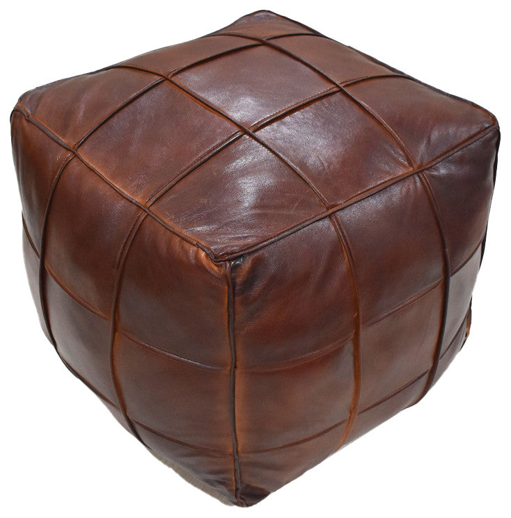 Pouf-Solid Handmade Leather Pouf (Recycled Foam with Fiber Fill), Brown, Square, 16x16x16