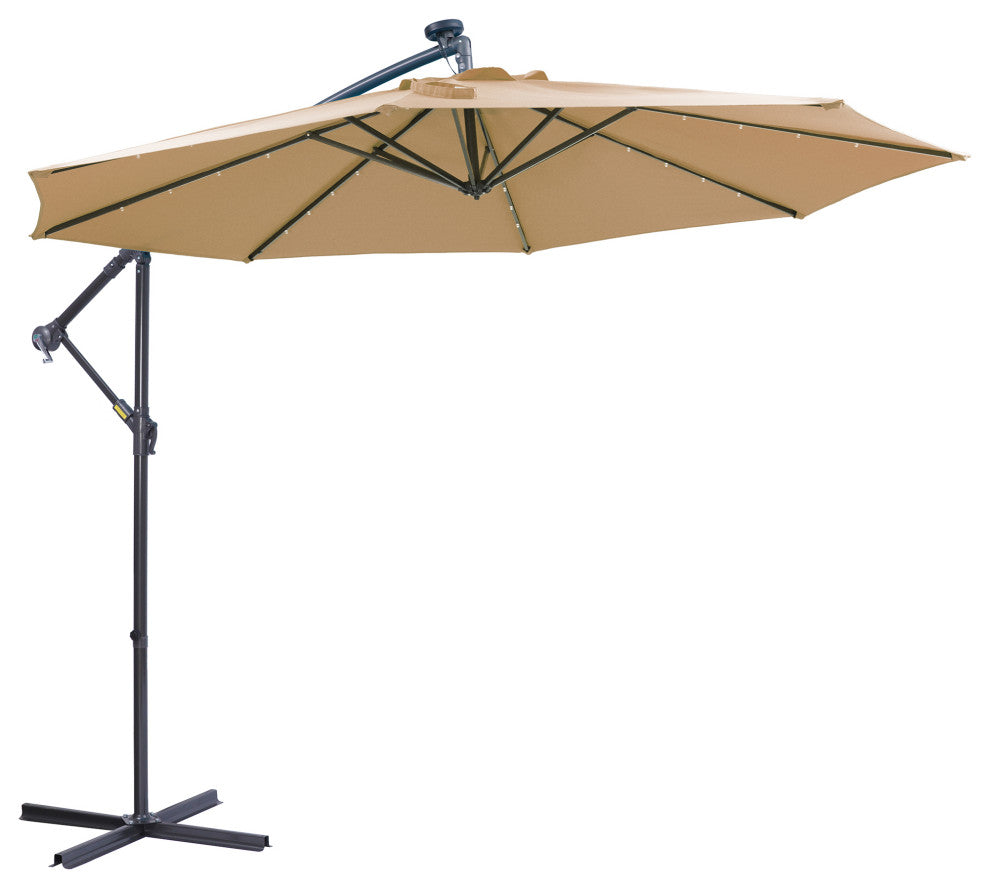 10' Steel Patio Hanging Cantilever Umbrella With 32 Solar LED Lights, Taupe