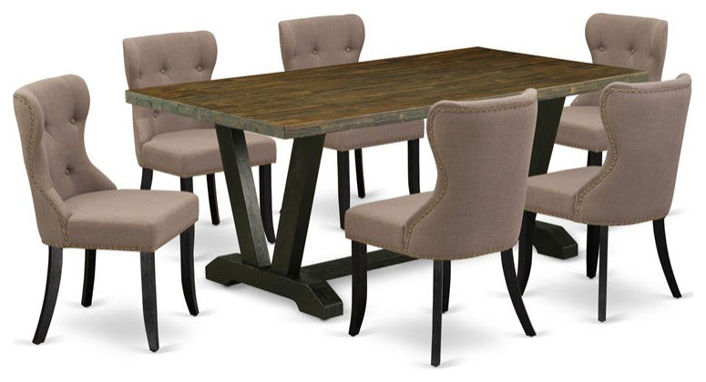 V677Si648-7, 7-Piece Dining Set, 6 Chairs, Table Top and Wooden Legs