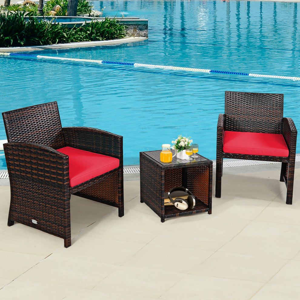 Costway 3PCS Patio Rattan Wicker Furniture Cushion Sofa Coffee Table Red