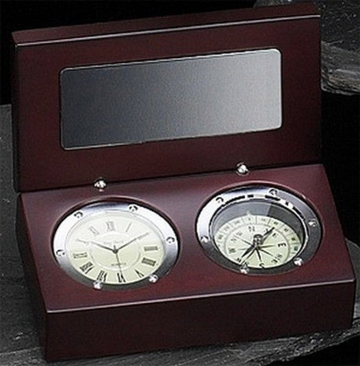 Silver Plated Clock With Compass in Wood Box