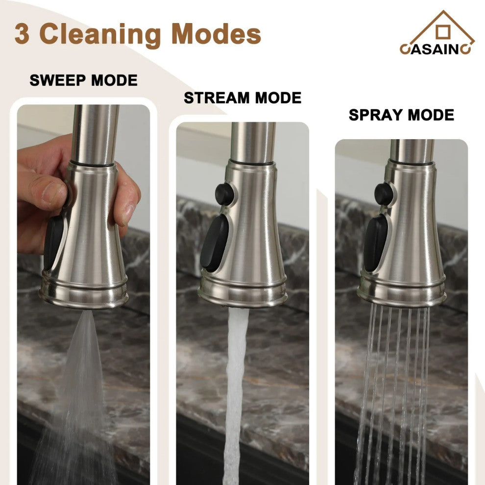 CASAINC Kitchen Faucet Centerset Bridge 3-Function 2-Handle Pull-Down Spray, Brushed Nickel