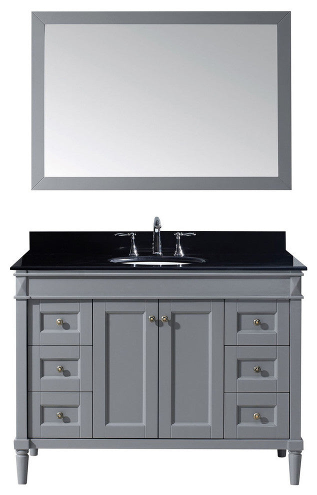 Virtu Tiffany 48" Single Bathroom Vanity, Gray, Black Granite Top, Mirror