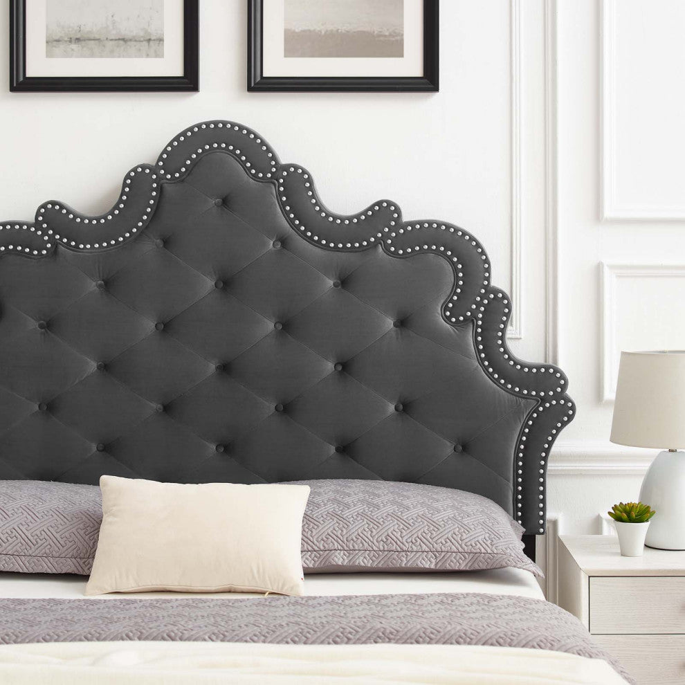 Arabella Button-Tufted Performance Velvet Twin Headboard, Charcoal