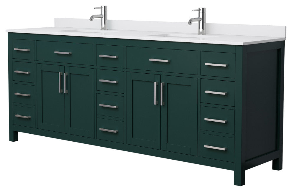 84"DBL Bathroom Vanity Green, White Cult. Marble Countertop, Sinks, Nickel Trim