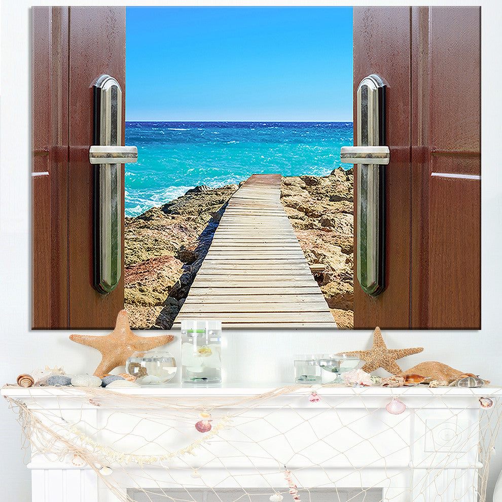 "Door Open To Wooden Ocean Pier" Wooden Sea Bridge Wall Art, 1 Panel, 60"x28"