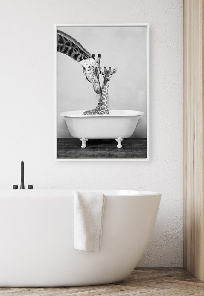 Sylvie Giraffe in Tub Framed Canvas by Amy Peterson, White 23x33