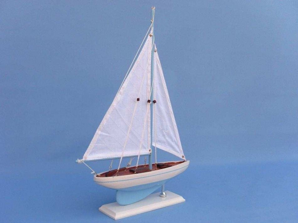 Pacific Sailer, Wood Sailing Boat Model, Blue Sails, 17", Light Blue and White