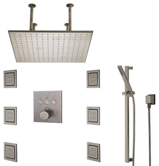 FontanaShowers Brushed Nickel Ceiling Mount Rainfall Shower Set, Thermostat
