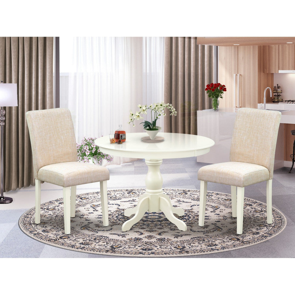 3 Pc Dining Set, Linen White Table, 2 Cream Chairs, High Back, Linen White