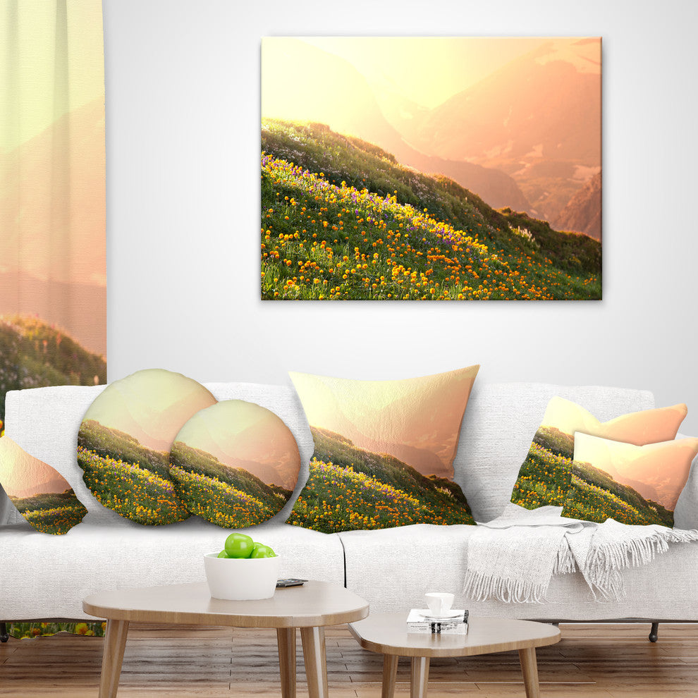 Flowering Mountain Meadow View Landscape Printed Throw Pillow, 16"x16"