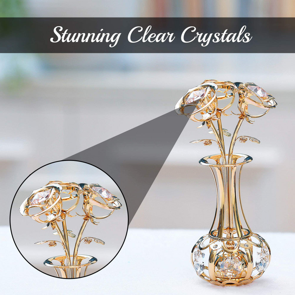 24k Gold Plated Flowers Bouquet and Vase With Pink-Clear Crystals Home Decor