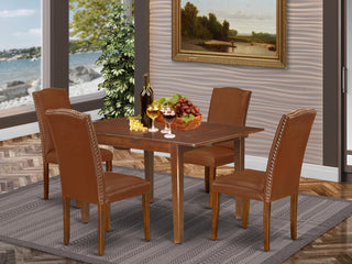 5Pc 42/54" Dining Table, Four Chair, Brown Flaux Leather
