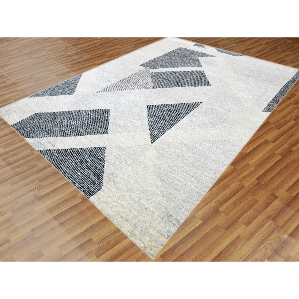 Gray, Pure Wool Hand Knotted, Geometric Art Nouveau Collection Rug, 9'1"x12'1"