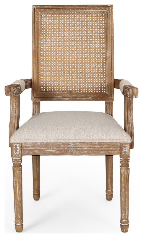 Regan Fabric Upholstered Wood and Cane Expandable 7-Piece Dining Set, Natural Brown/Beige