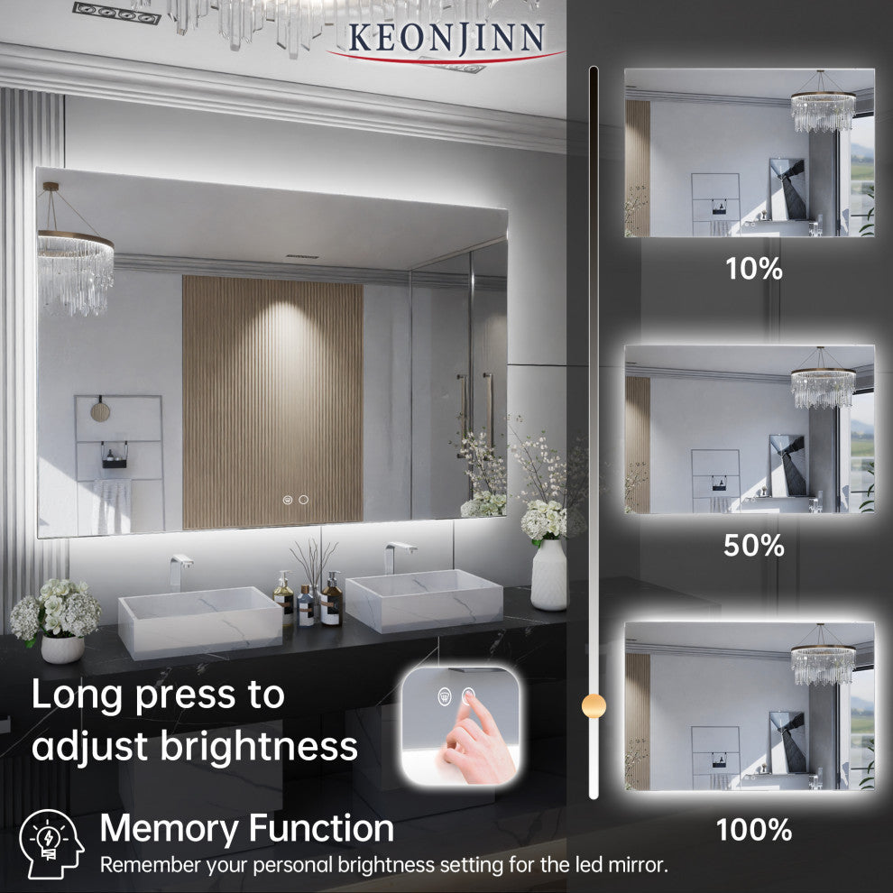 Backlit LED Mirror for Bathroom, Anti-Fog Dimmable, Silver, 48x32