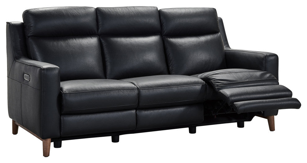 Wisteria Contemporary Sofa In Light Brown Wood Finish And Black Genuine Leather