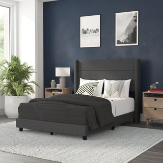 Hollis Upholstered Platform Bed with Wingback Headboard w/Mattress Foundation, Charcoal, Full