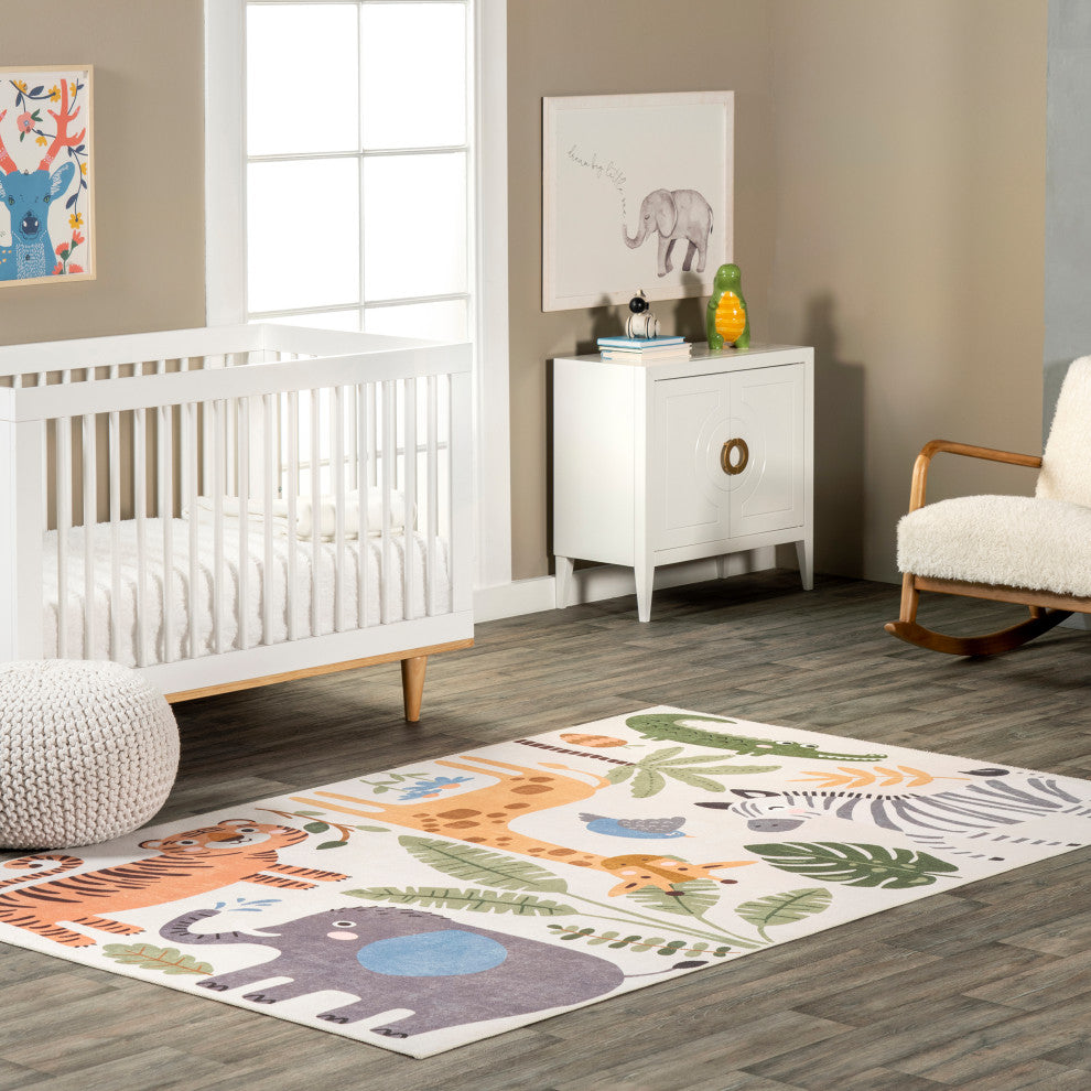 Nuloom Felipa Safari Washable Kids Area Rug, White Multicolor 7'x9'