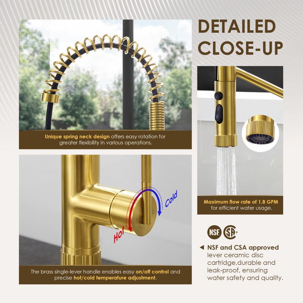 Nette Single-Handle Kitchen Faucet With Pull Down Sprayer, Brushed Gold