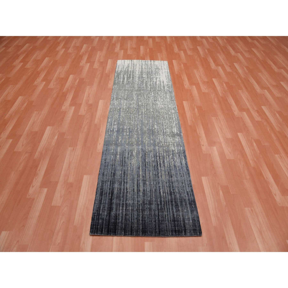 Gray and Blue Pure Wool Hand Knotted Modern Ombre Design Runner Rug, 2'6"x8'0"