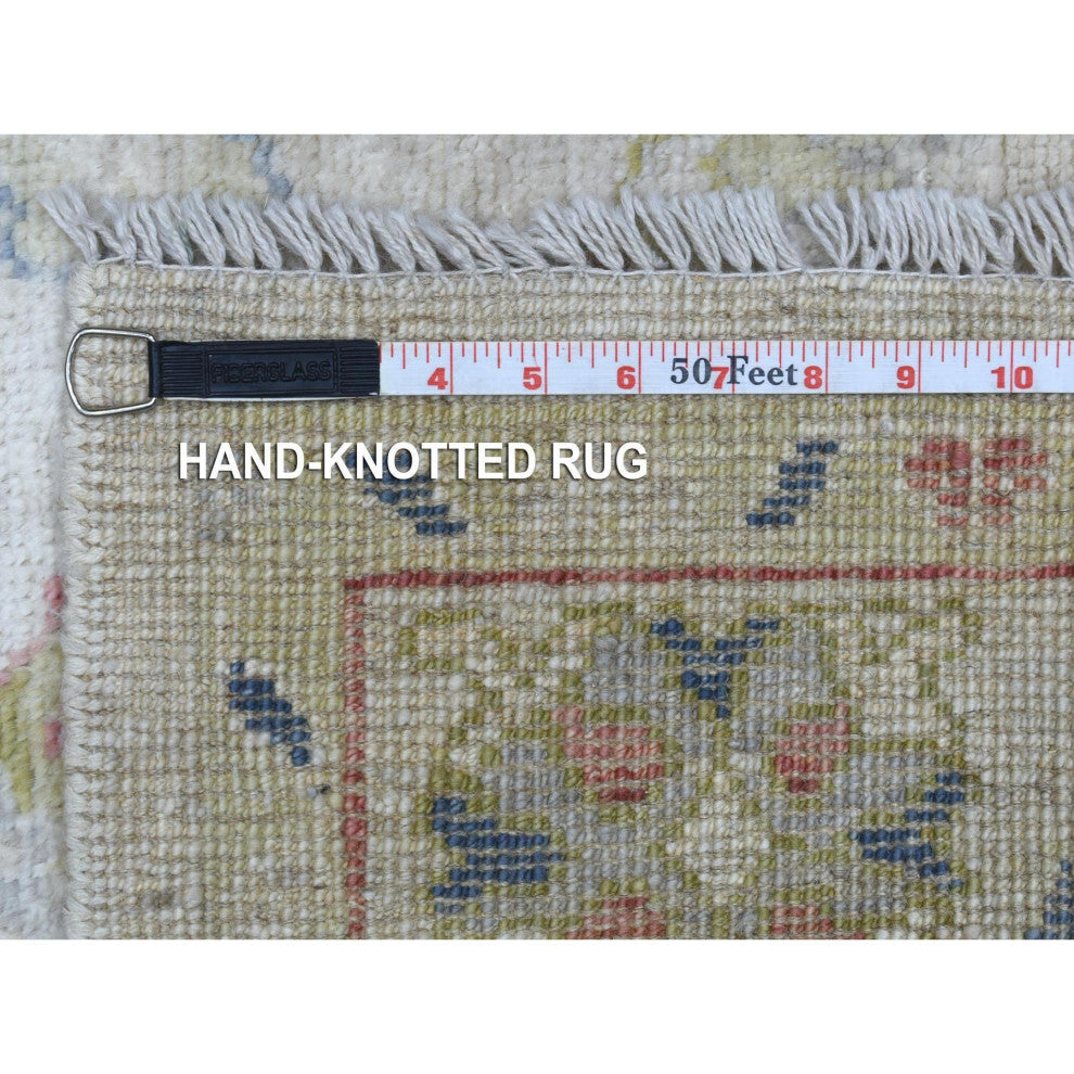 Organic Wool Hand Knotted Ivory Angora Ushak Oriental Rug, 4'1" x 6'0"