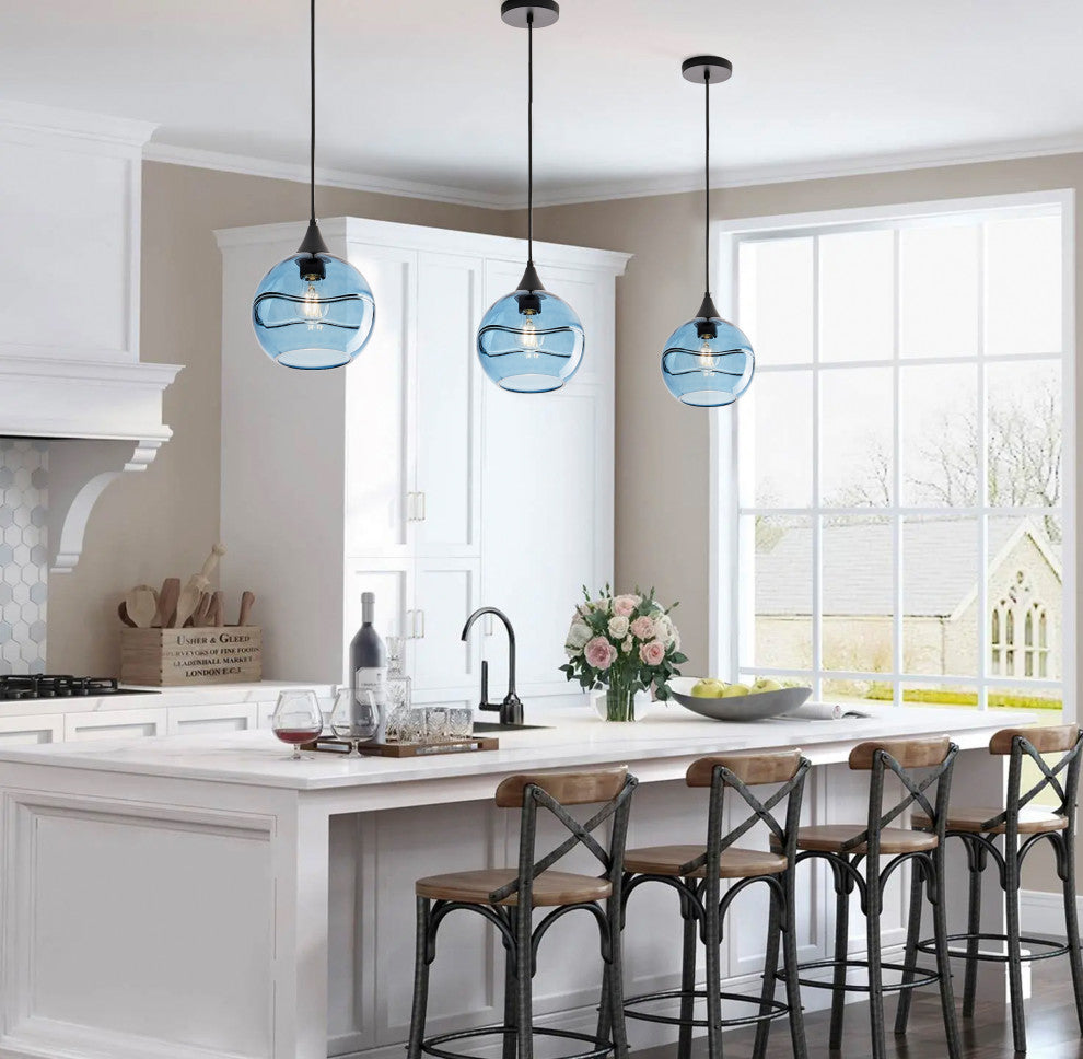 Modern Blue Rippled Glass Pendant Lighting Fixture for Kitchen Island