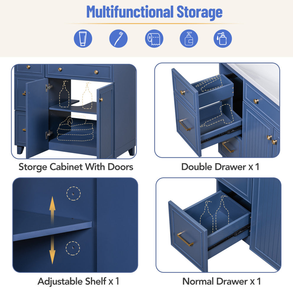 36 Inch Bathroom Vanity, Transitional Style Bathroom Cabinet with Resin Sink, Navy Blue