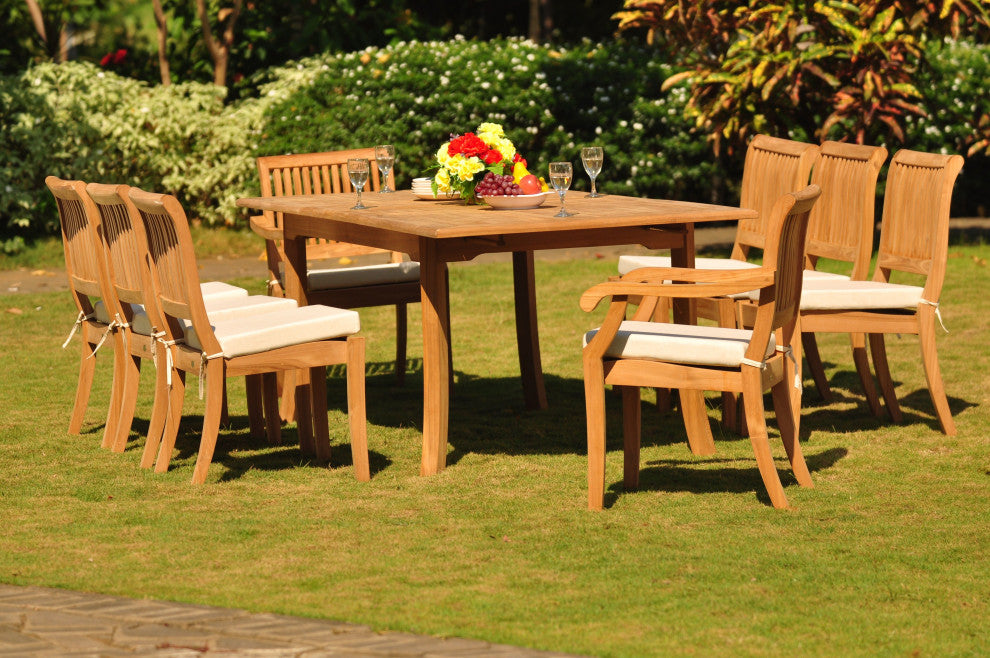9-Piece Teak Dining Set, 94" Ext Rect, 8 Arbor Stacking Arm/Armless Chairs