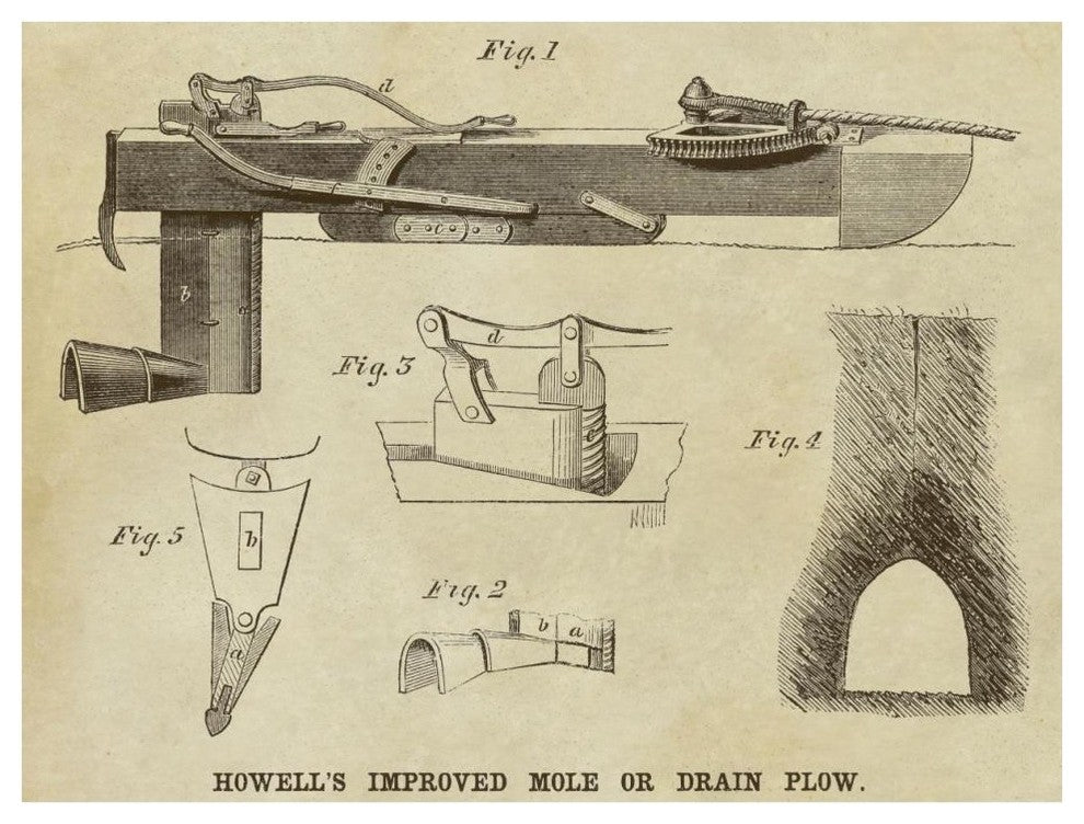 "Howell's Improved Mole or Drain Plow" Paper Print by Inventions, 42"x32"