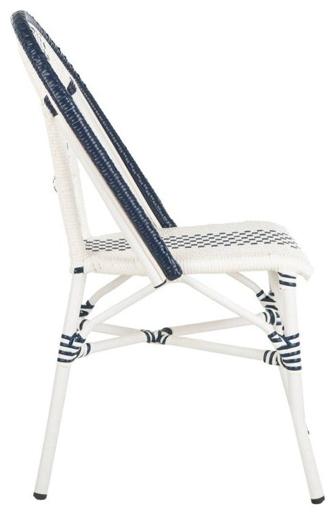 Set of 2 Contemporary Dining Chair, Rattan Seat With Curved Backrest, Navy/White