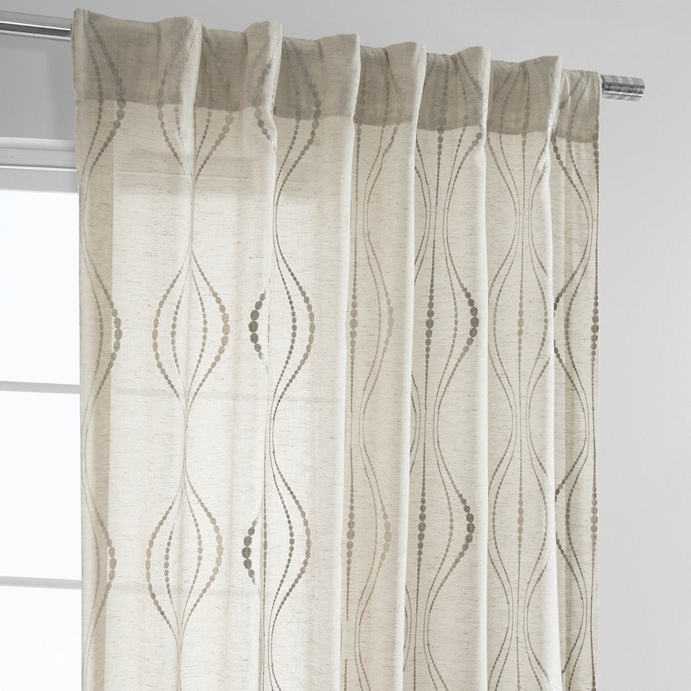 Suez Natural Embroidered FauxLinen Sheer Curtain Single Panel, 50"x96"