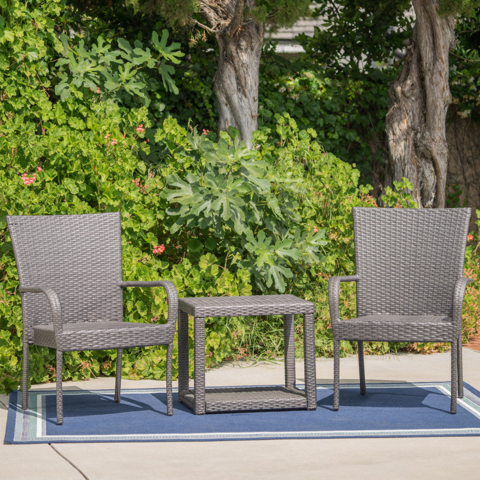 GDF Studio 3-Piece Parham Outdoor Gray Wicker Stacking Chair Chat Set, Box Table