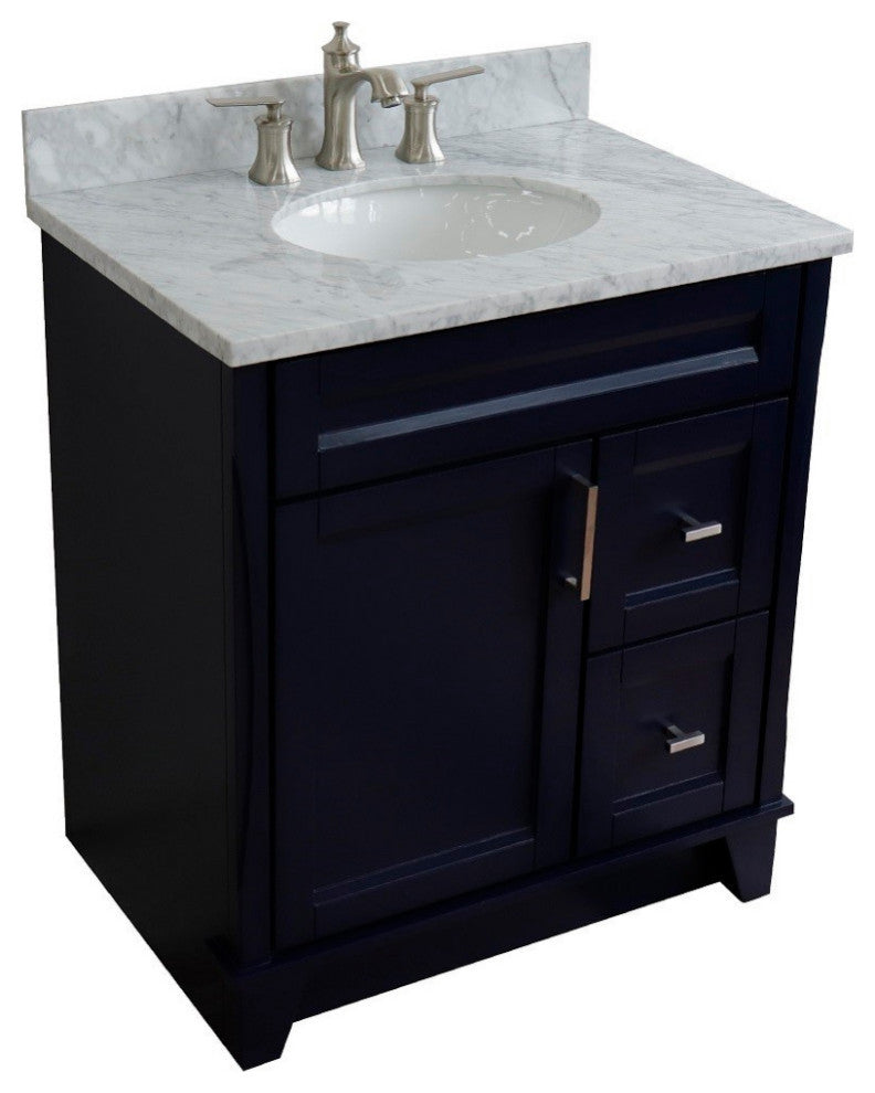 31" Single Sink Vanity, Blue Finish With White Carrara Marble With Oval Sink
