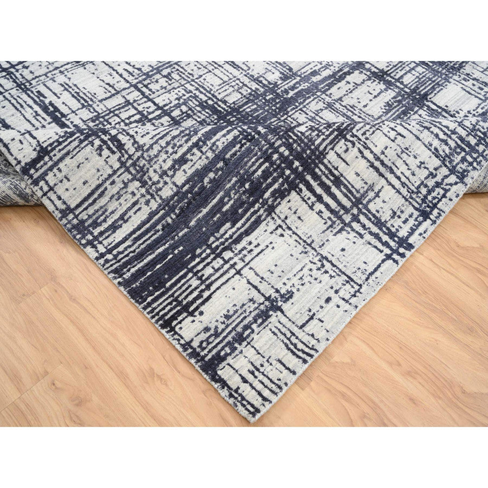 Black, Modern Erased Lines Design, Wool and Silk Hand Loomed Rug, 10'0"x13'9"